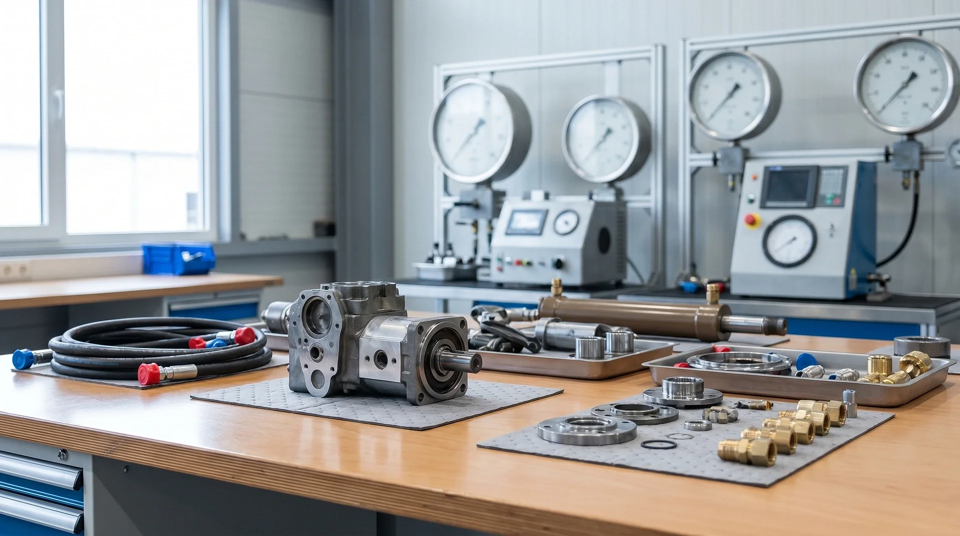 Hydrauliska komponenter och mätinstrument på arbetsbänk i laboratorium