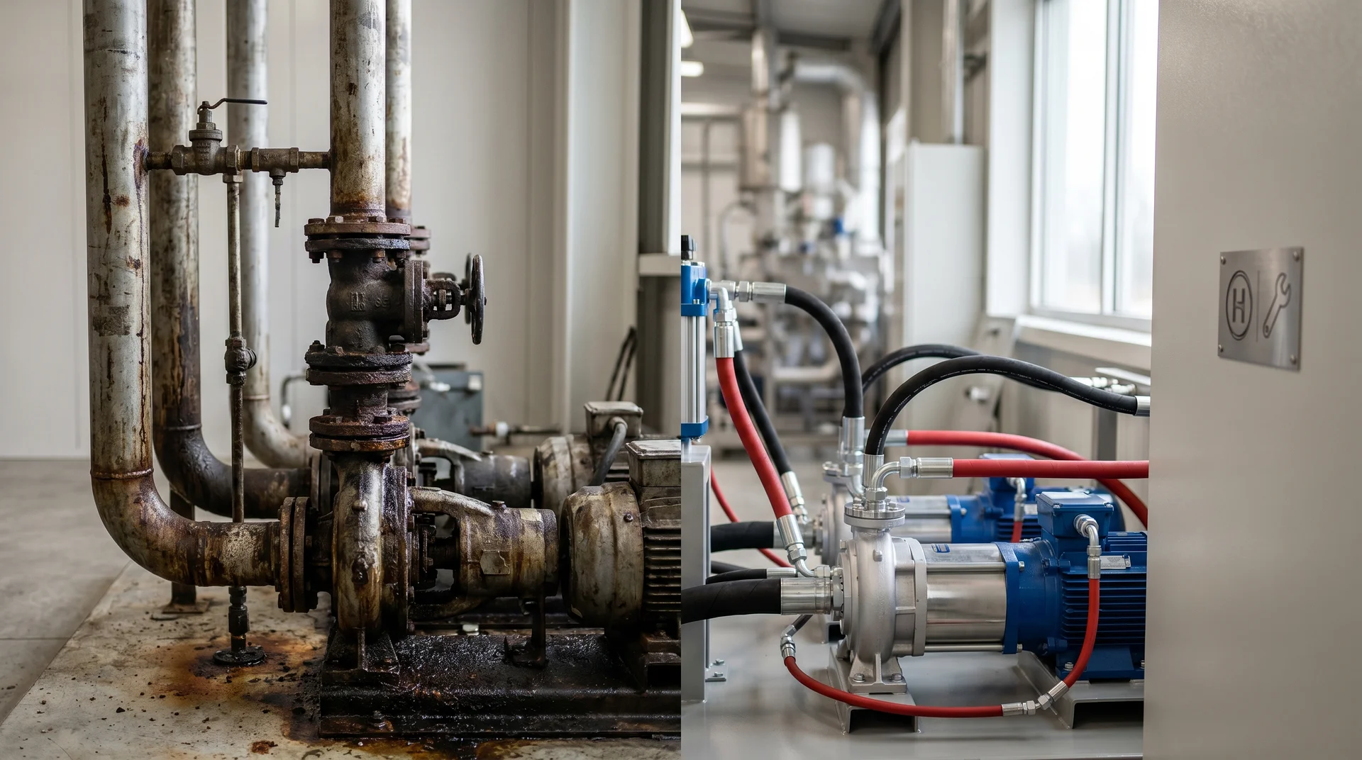 Gammal rostig pump bredvid ny modern pump i industrilokal.