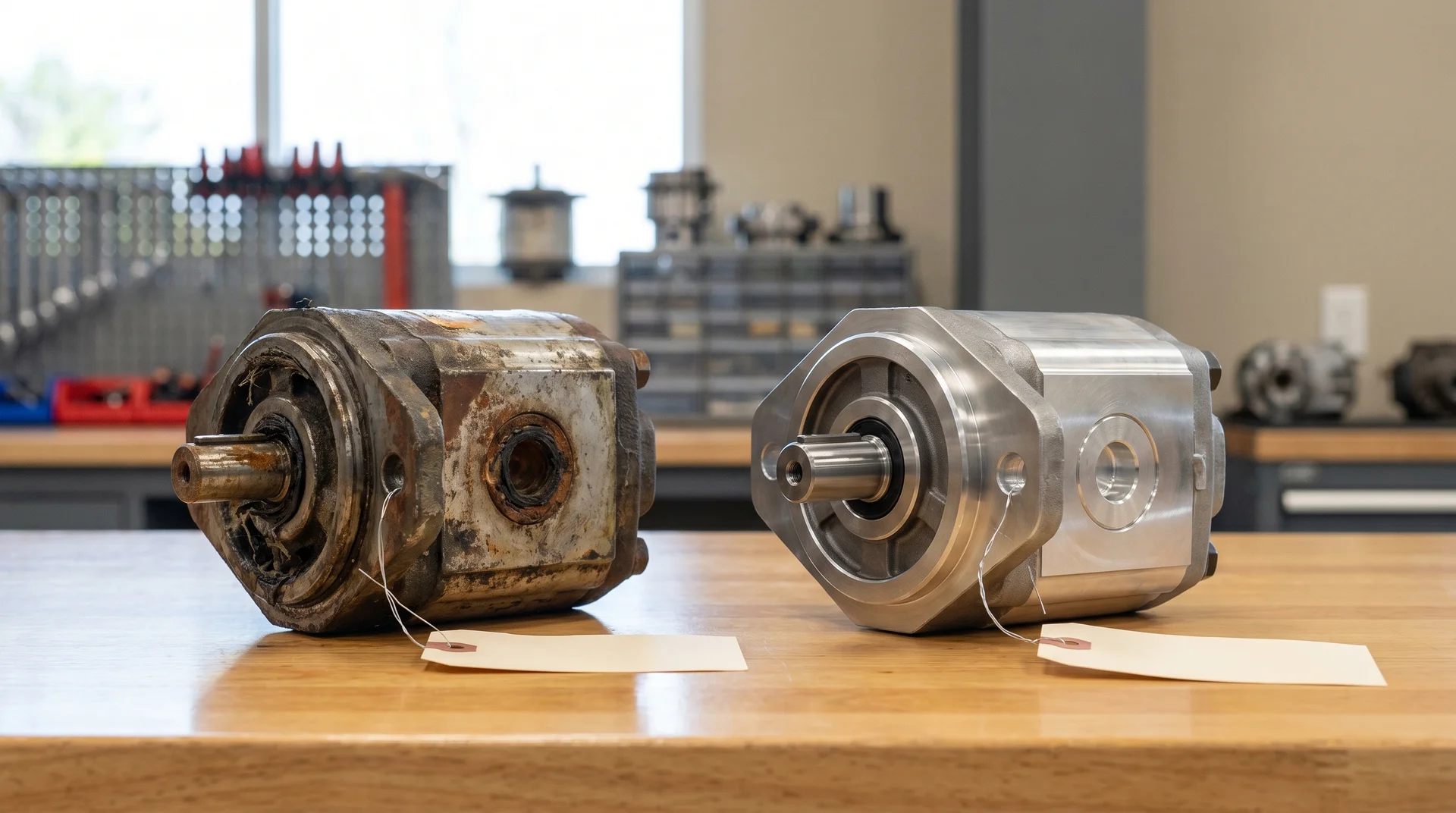 Gammal rostig hydraulpump bredvid ny blank hydraulpump på arbetsbänk.