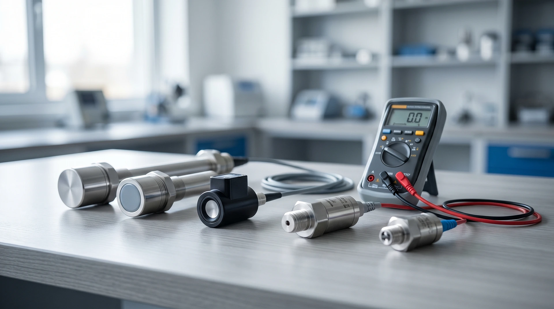 Trycksensorer och multimeter på arbetsbänk i laboratorium