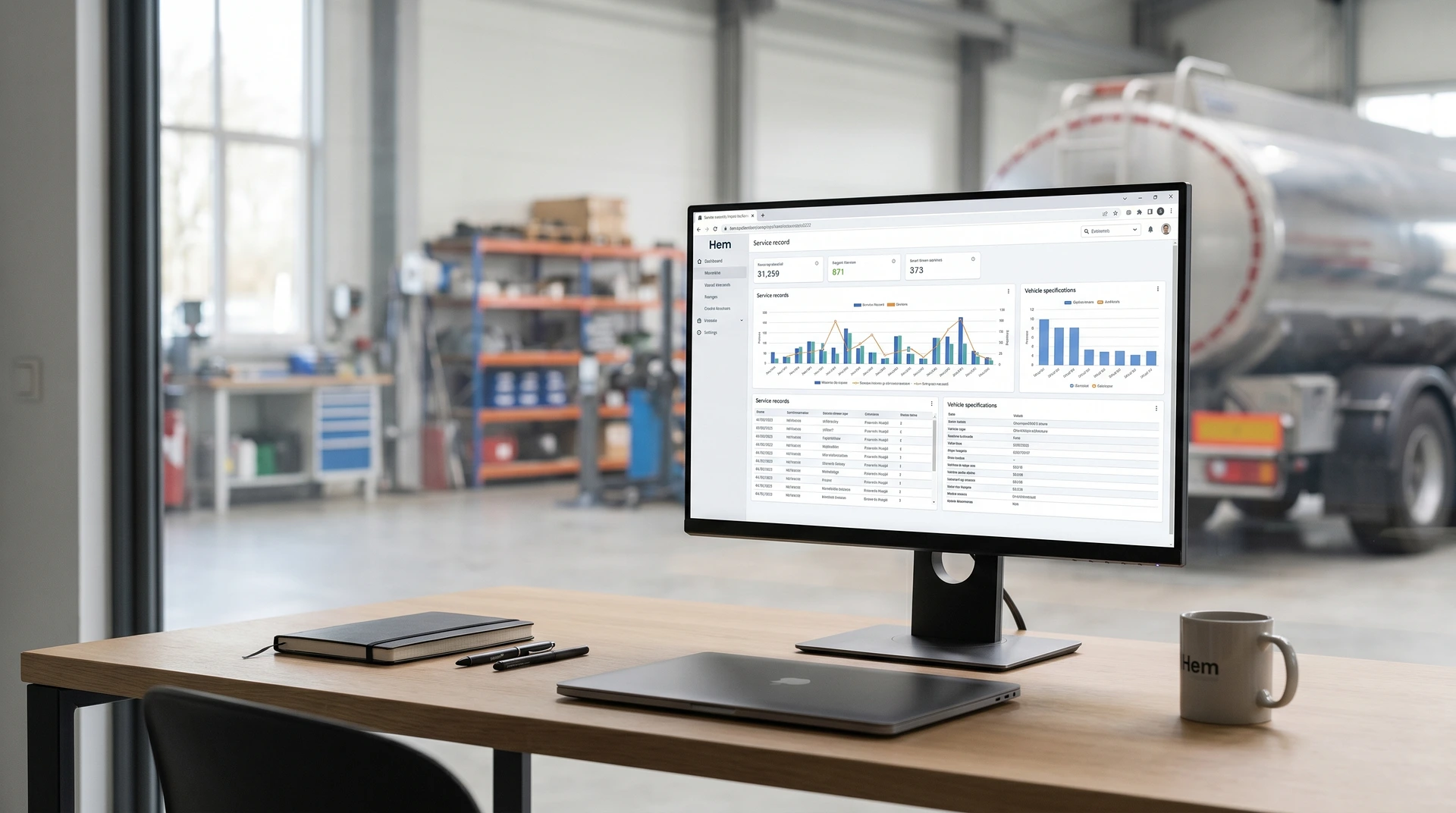Datorskärm på skrivbord visar dashboard med diagram och statistik.