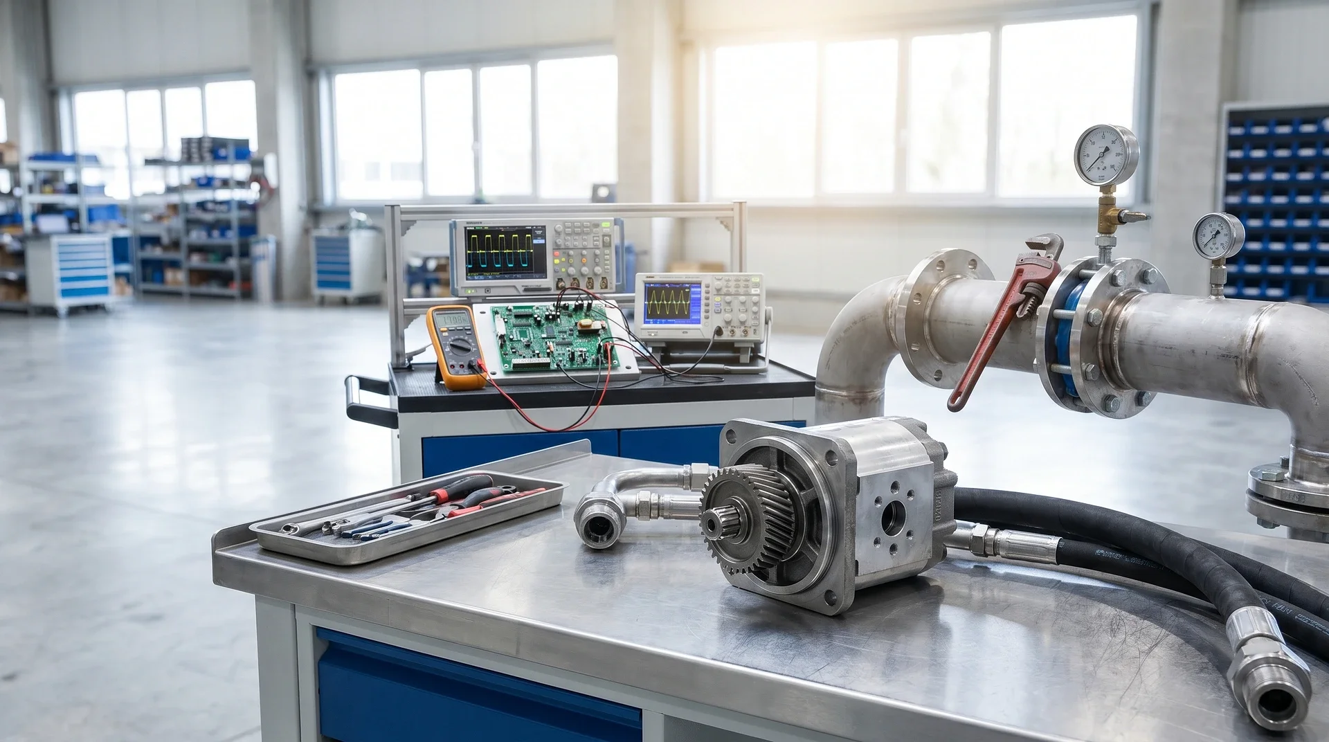 Industriell testbänk med motor, mätinstrument och hydraulisk utrustning i verkstad.