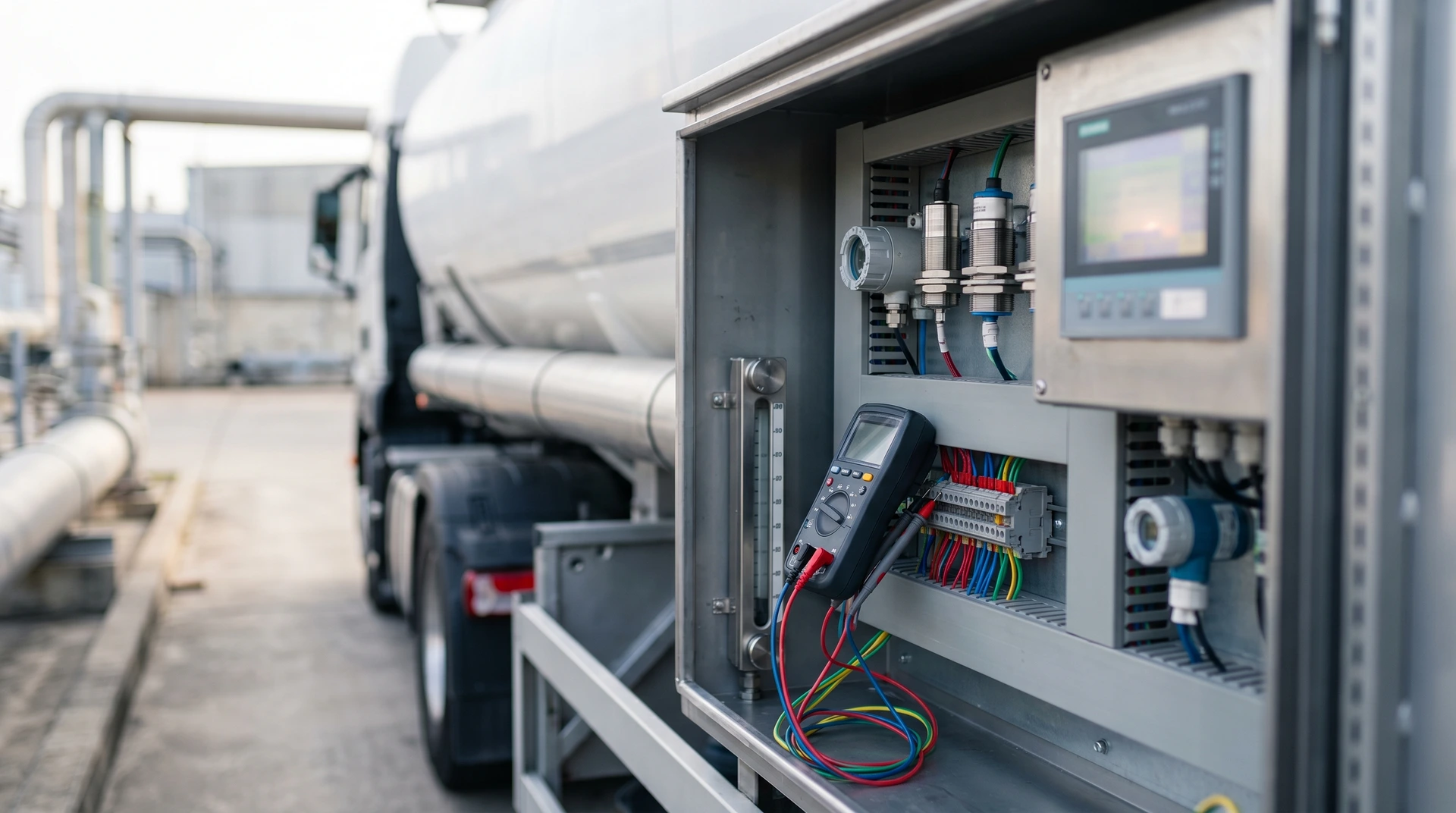 Elektrisk mätutrustning ansluten till kontrollenhet vid tankbil för industriell vätskehantering.