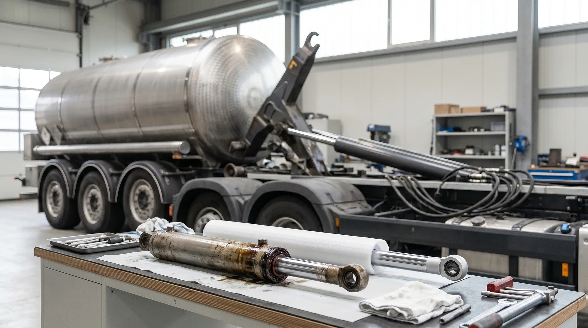 Hydraulcylindrar på arbetsbänk framför tankbil i verkstad