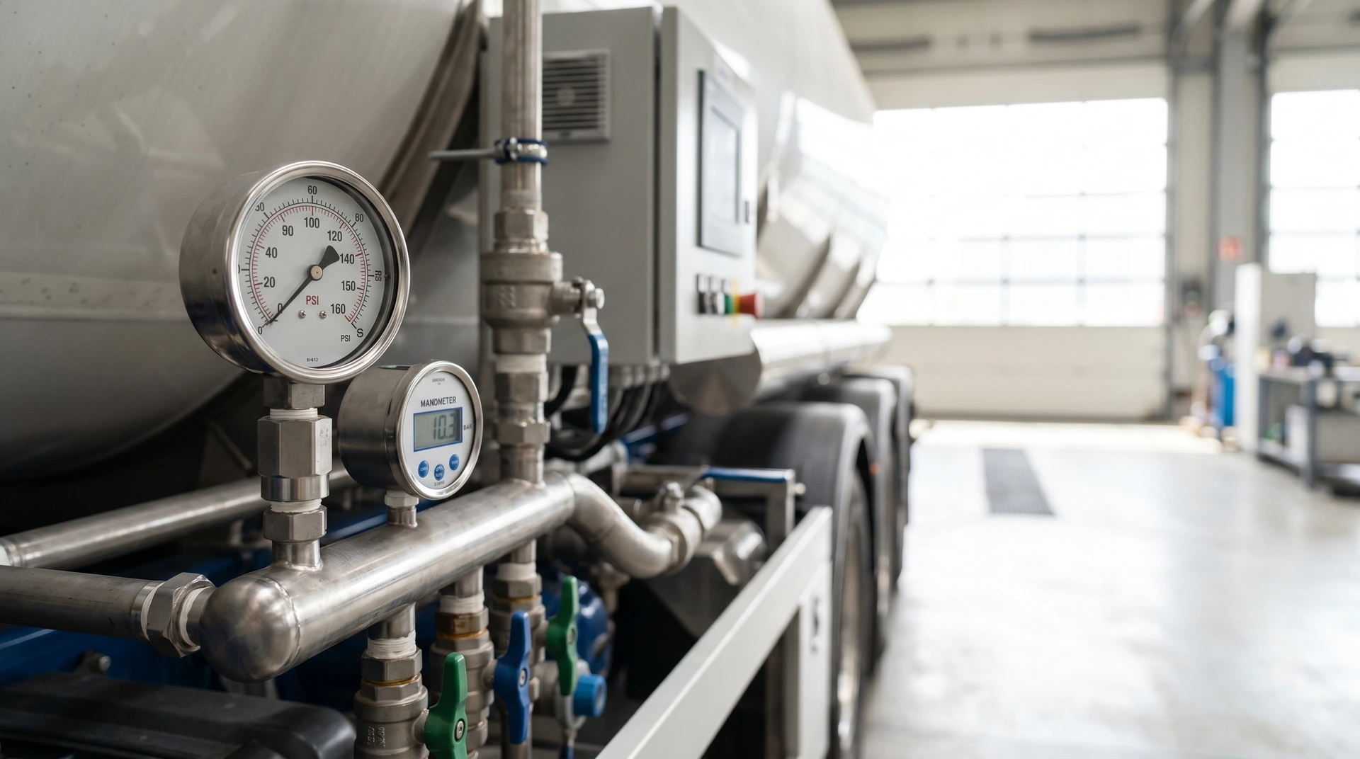 Tryckmätare och manometer monterade på rörsystem i industriell miljö.