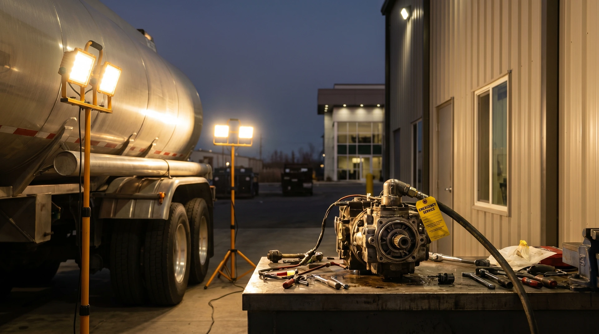 Tankbil och pump under reparation vid industribyggnad i skymningen.